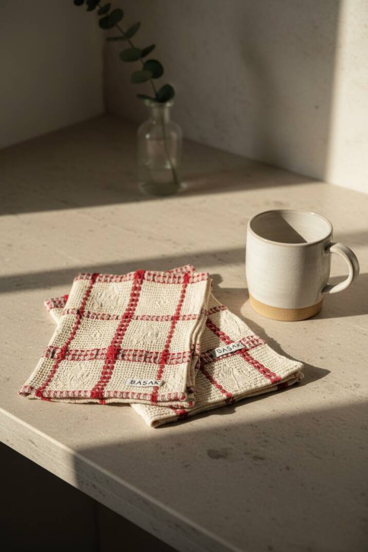 2 ADET Bordo Kareli Mutfak Havlusu 50x40 - 1