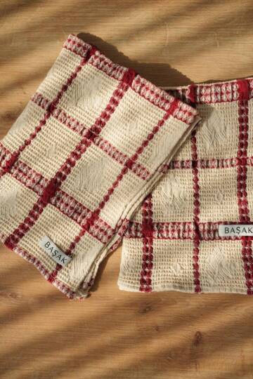 2 ADET Bordo Kareli Mutfak Havlusu 50x40 - 3